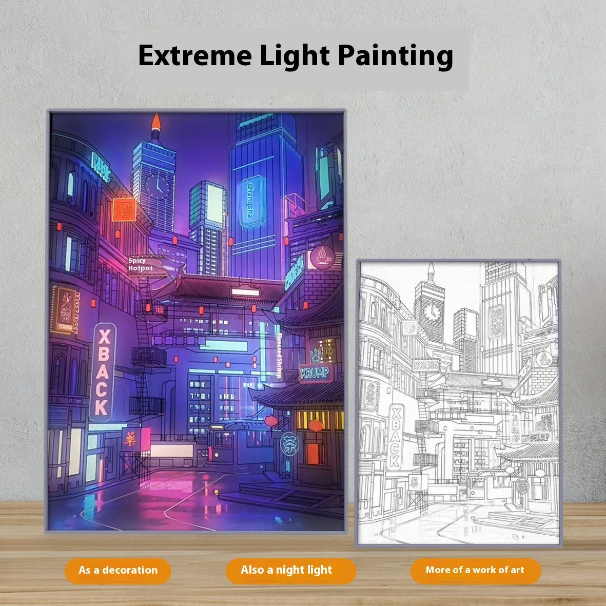 (TINY * Size: Large size 30.4*21.5 * 3cm, medium size 21.5*15.5 * 3cm) Changsha Night View Light Painting Desktop Two-dimensional Sketch Atmosphere Three-color Led Luminous Paint
